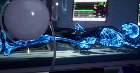 X ray visualization of human skeleton displayed in modern laboratory setting Stock Illustration
