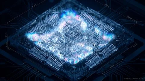 X-ray volumetric scan of a complex quantum processor in an icy, frosted casing. Stock Photos