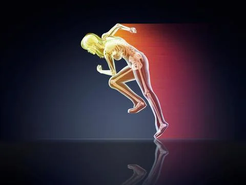 X-ray of woman's skeleton with motion streaks running on dark blue background Stockillustratie