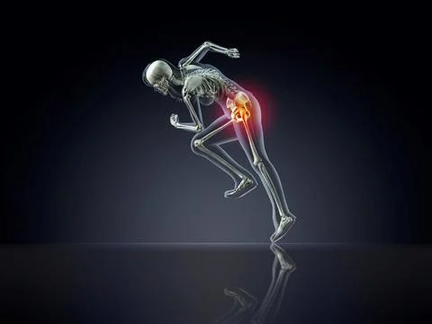 X-ray of woman's skeleton running with hip pain on dark blue background Illustrazione stock