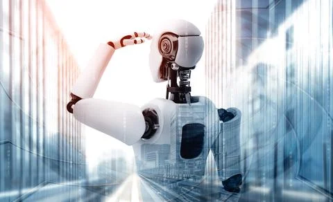 XAI 3D illustration robot humanoid looking forward against cityscape skyline 스톡 일러스트