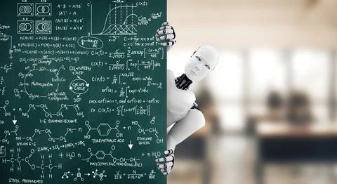 XAI 3D render humanoid robot show up from educational blackboard in class room 스톡 일러스트