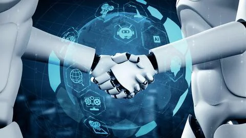 XAI 3D rendering hominoid robot handshake to collaborate future technology Stock Illustration