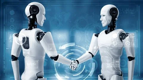 XAI 3D rendering hominoid robot handshake to collaborate future technology Stock Illustration