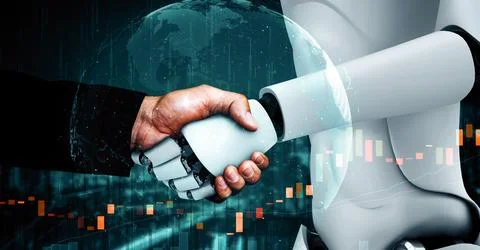 XAI 3D rendering hominoid robot handshake with stock market trading chart Stock Illustration