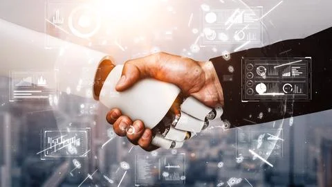 XAI 3D rendering hominoid robot handshake to collaborate future technology 스톡 일러스트