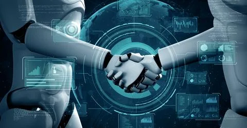 XAI 3D rendering hominoid robot handshake to collaborate future technology 스톡 일러스트