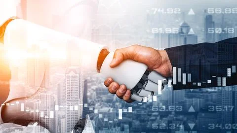 XAI 3D rendering hominoid robot handshake to collaborate future technology Stock Illustration