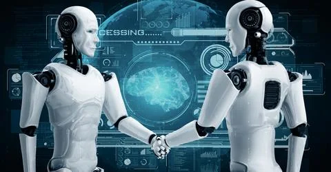 XAI 3D rendering hominoid robot handshake to collaborate future technology 스톡 일러스트