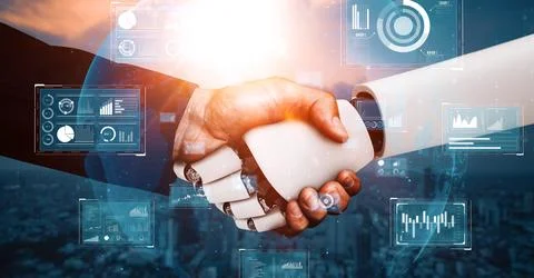 XAI 3D rendering hominoid robot handshake to collaborate future technology Illustrazione stock