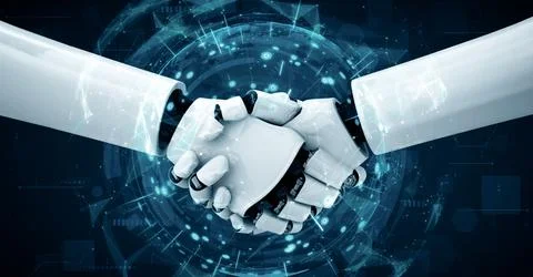XAI 3D rendering hominoid robot handshake to collaborate future technology Stock Illustration