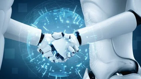 XAI 3D rendering hominoid robot handshake to collaborate future technology Illustrazione stock