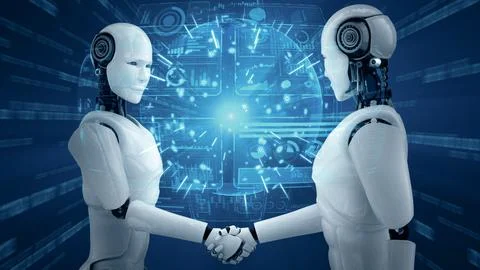 XAI 3D rendering hominoid robot handshake to collaborate future technology Illustrazione stock