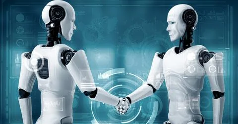XAI 3D rendering hominoid robot handshake to collaborate future technology Stock Illustration