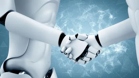 XAI 3D rendering hominoid robot handshake to collaborate future technology Stock Illustration