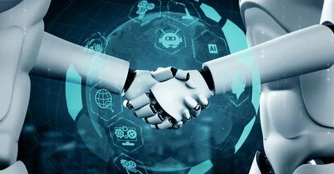 XAI 3D rendering hominoid robot handshake to collaborate future technology Stock Illustration