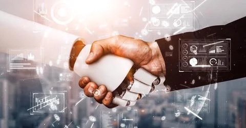 XAI 3D rendering hominoid robot handshake to collaborate future technology Illustrazione stock