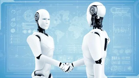 XAI 3D rendering humanoid robot handshake to collaborate future technology 스톡 일러스트