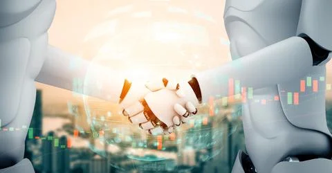 XAI 3D rendering humanoid robot handshake with stock market trading chart Illustrazione stock