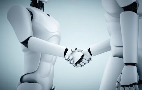 XAI 3D rendering humanoid robot handshake to collaborate future technology 스톡 일러스트