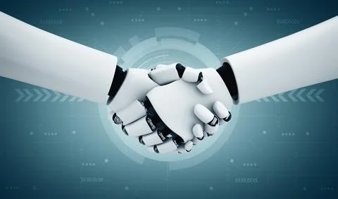 XAI 3D rendering humanoid robot handshake to collaborate future technology 스톡 일러스트