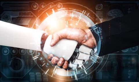 XAI 3D rendering humanoid robot handshake to collaborate future technology Illustrazione stock