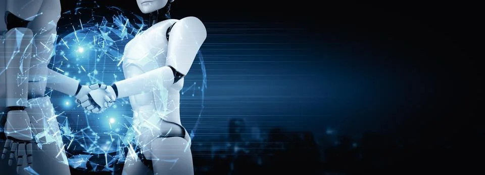 XAI 3D rendering humanoid robot handshake to collaborate future technology Illustrazione stock