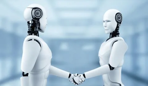 XAI 3D rendering humanoid robot handshake to collaborate future technology Stock Illustration