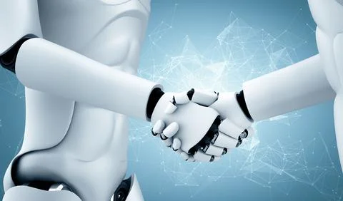 XAI 3D rendering humanoid robot handshake to collaborate future technology Illustrazione stock