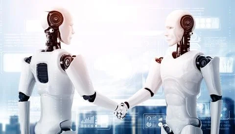XAI 3D rendering humanoid robot handshake to collaborate future technology 스톡 일러스트