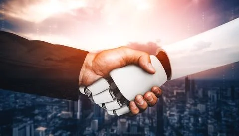 XAI 3D rendering humanoid robot handshake to collaborate future technology Stock Illustration