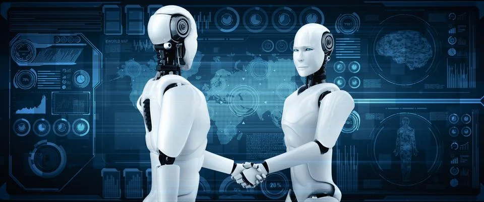 XAI 3D rendering humanoid robot handshake to collaborate future technology 스톡 일러스트