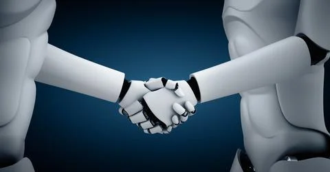 XAI 3D rendering humanoid robot handshake to collaborate future technology イラスト素材
