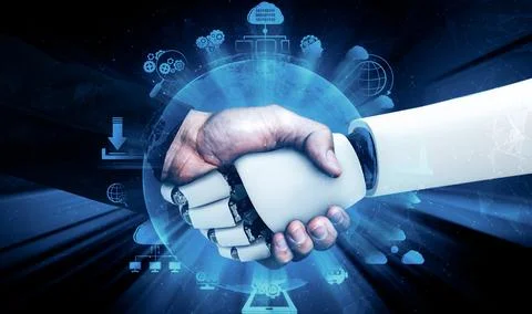 XAI 3D rendering humanoid robot handshake to collaborate future technology 스톡 일러스트