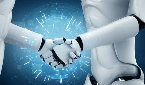 XAI 3D rendering humanoid robot handshake to collaborate future technology Illustrazione stock