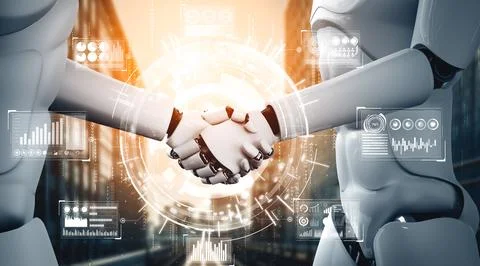 XAI 3D rendering humanoid robot handshake to collaborate future technology Illustrazione stock