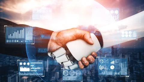 XAI 3D rendering humanoid robot handshake to collaborate future technology 스톡 일러스트