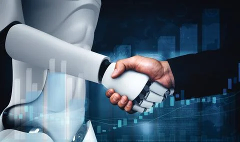 XAI 3D rendering humanoid robot handshake with stock market trading chart Stock Illustration