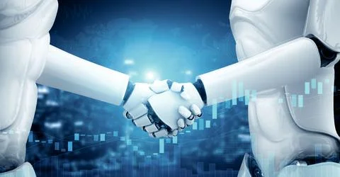 XAI 3D rendering humanoid robot handshake with stock market trading chart Stock Illustration