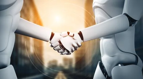 XAI 3D rendering humanoid robot handshake to collaborate future technology Illustrazione stock