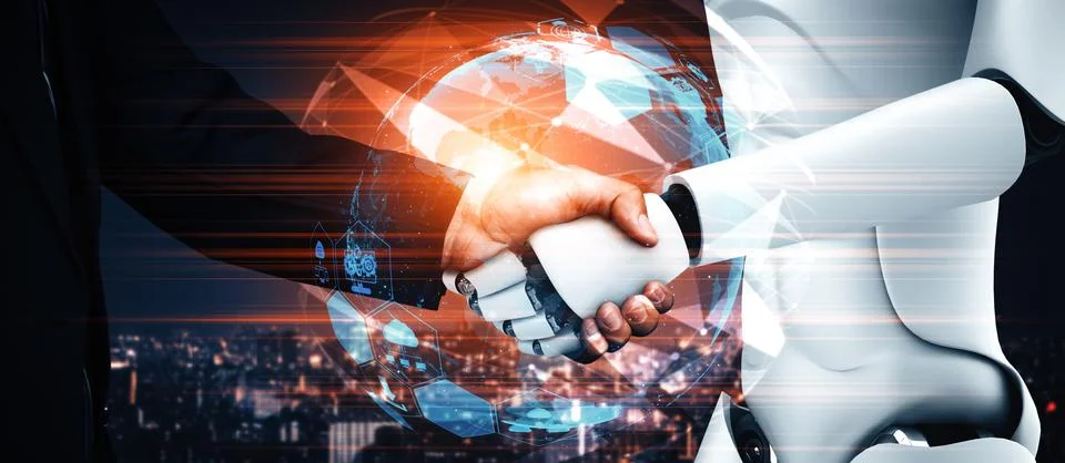 XAI 3D rendering humanoid robot handshake to collaborate future technology 스톡 일러스트