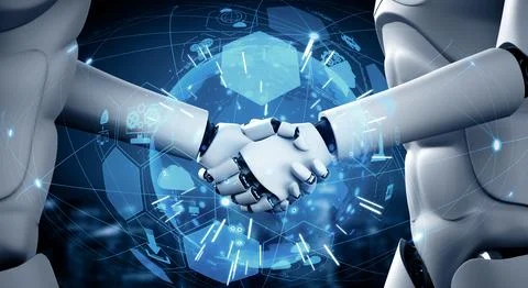 XAI 3D rendering humanoid robot handshake to collaborate future technology 스톡 일러스트