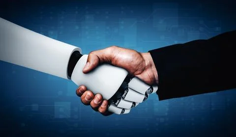 XAI 3D rendering humanoid robot handshake to collaborate future technology Stock Illustration