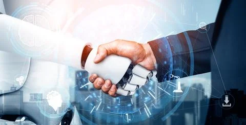 XAI 3D rendering humanoid robot handshake to collaborate future technology Stock Illustration