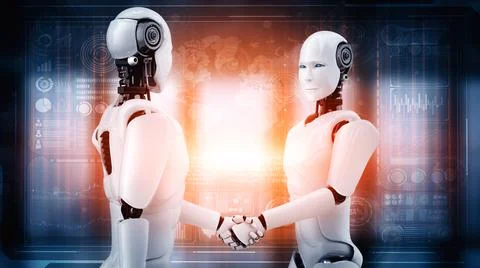 XAI 3D rendering humanoid robot handshake to collaborate future technology Illustrazione stock