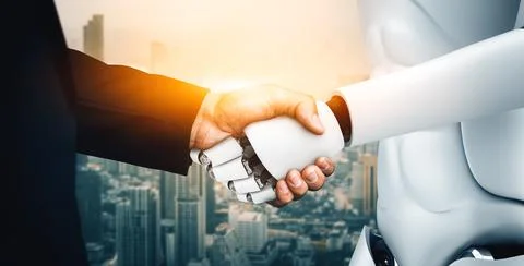 XAI 3D rendering humanoid robot handshake to collaborate future technology 스톡 일러스트