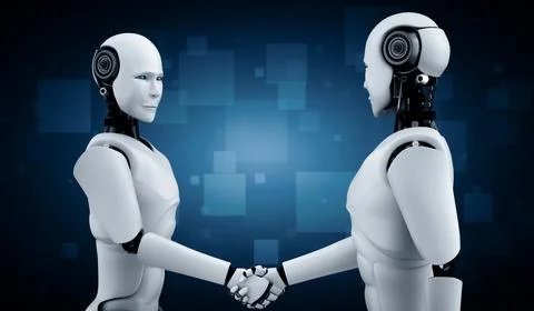 XAI 3D rendering humanoid robot handshake to collaborate future technology イラスト素材