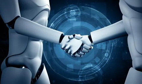 XAI 3D rendering humanoid robot handshake to collaborate future technology Illustrazione stock
