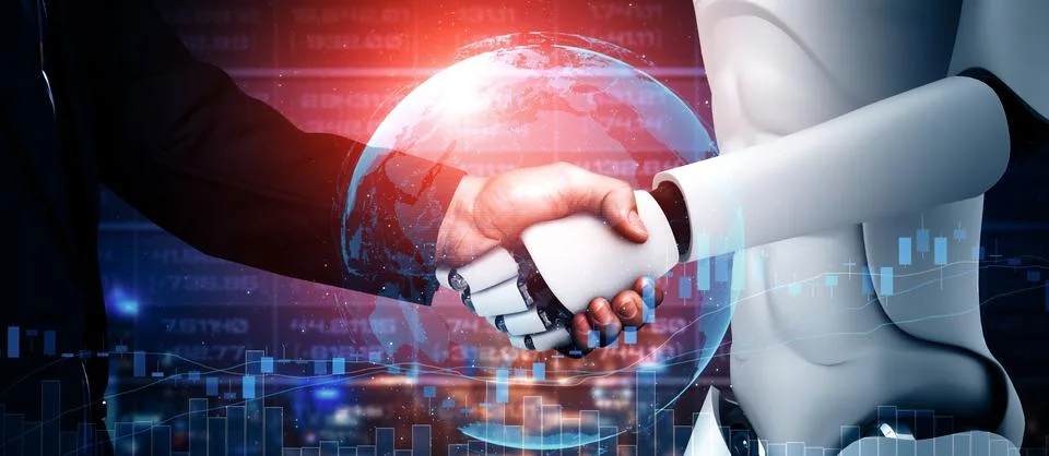 XAI 3D rendering humanoid robot handshake to collaborate future technology Illustrazione stock