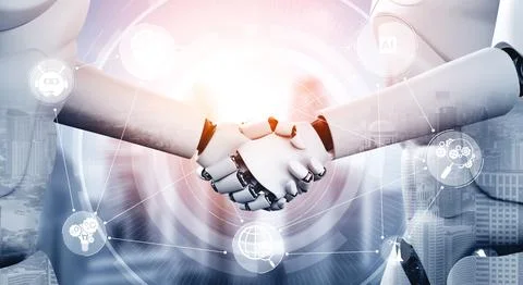 XAI 3D rendering humanoid robot handshake to collaborate future technology 스톡 일러스트